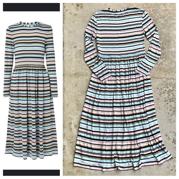 Stine Goya Joel Midi Dress Striped Long Sleeve Pastels Azure Stretch Jersey L - Picture 3 of 5